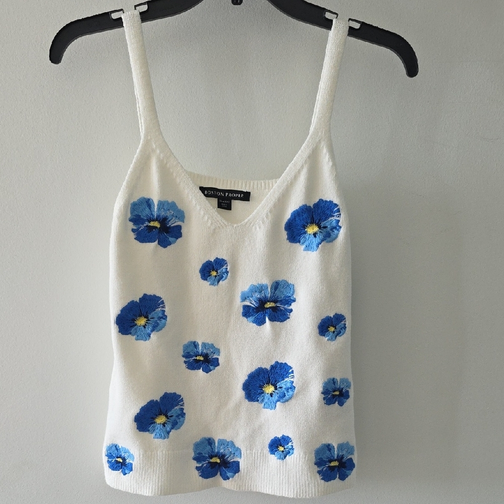 Boston Proper White Camisole with Blue Floral Accents